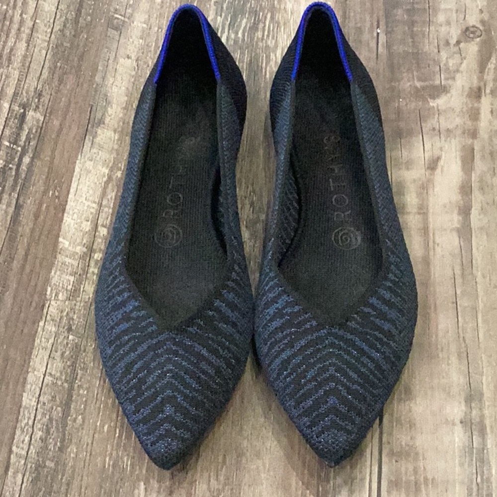 Preowned Rothy’s Flats Knit Pointed Toe Shimmer Blue & Black Size 8 (Item#S032)